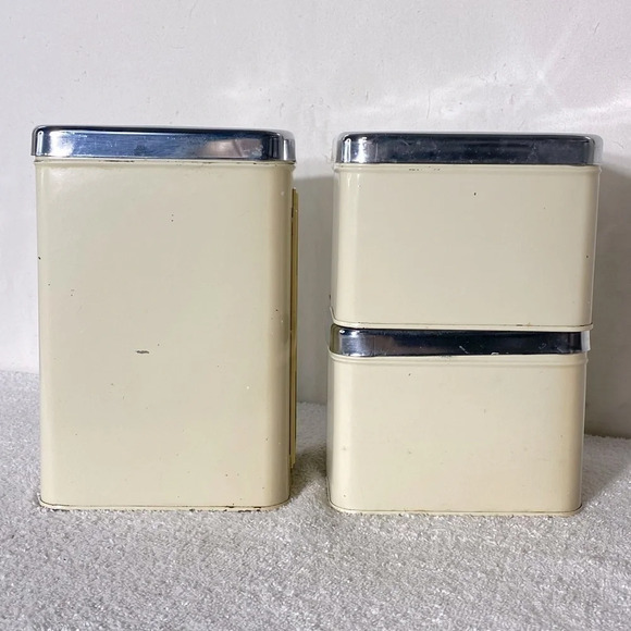 Vintage 70s Ekco Canada Limited Cream Beige Metal Canister  Set Sugar Coffee Tea - Picture 4 of 11